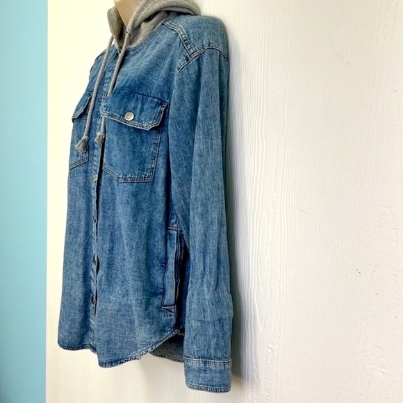 H&M - Stonewash Button Down Grey Hooded With Pockets Long Jean Shirt Size XXS - Picture 5 of 11